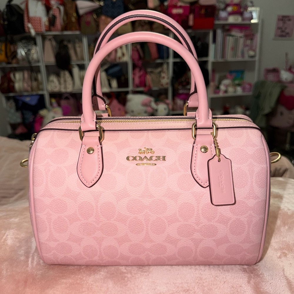 Coach Powder Pink Signature Rowan Satchel with Gold Hardware